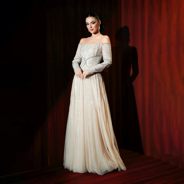 Luxury Beige Arabic A-Line Evening Dress 2026 For Wedding Party LA73333