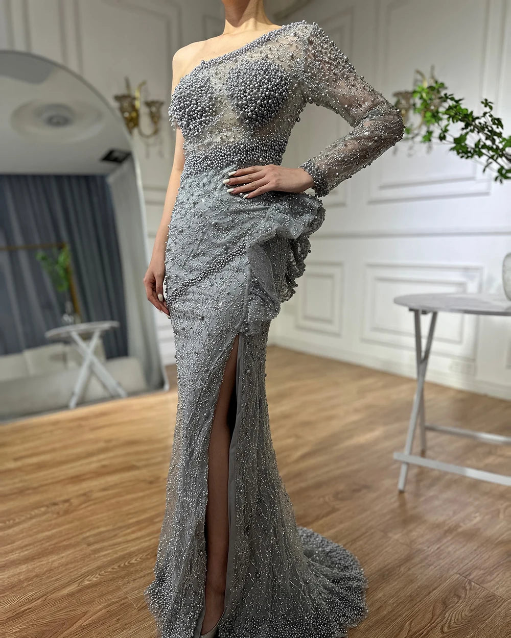 On Sale no return no refund Grey One Shoulder Luxury Evening Dresses Gowns 2025 Beaded Mermaid Elegant For Women Party Serene Hill LA71622 - SERENE HILL