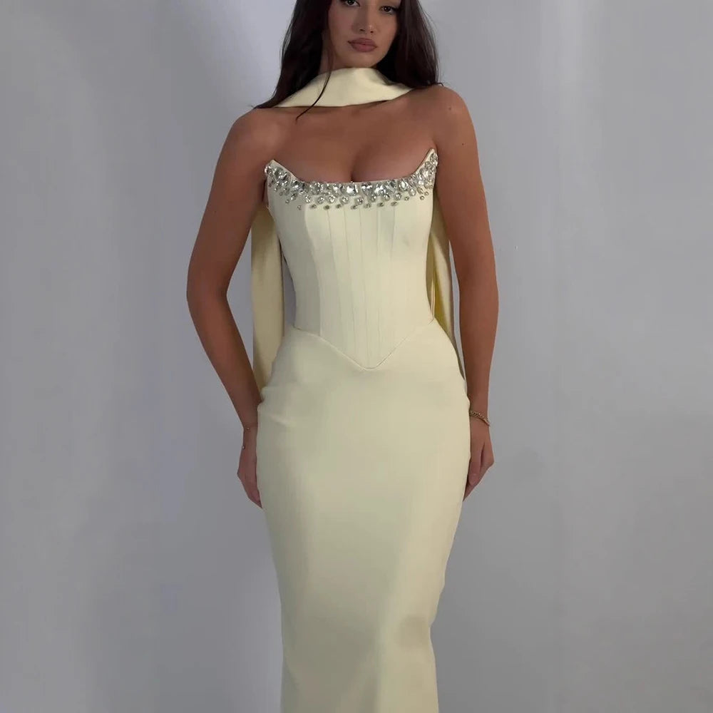 Luxury Yellow Crystal Beaded Mermaid Luxury Evening Dress Elegant LA73175A - SERENE HILL