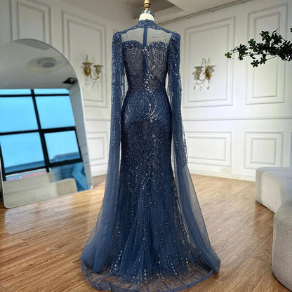 Luxury Modest Blue Mermaid Evening Dress with Cape LA73006 - SERENE HILL