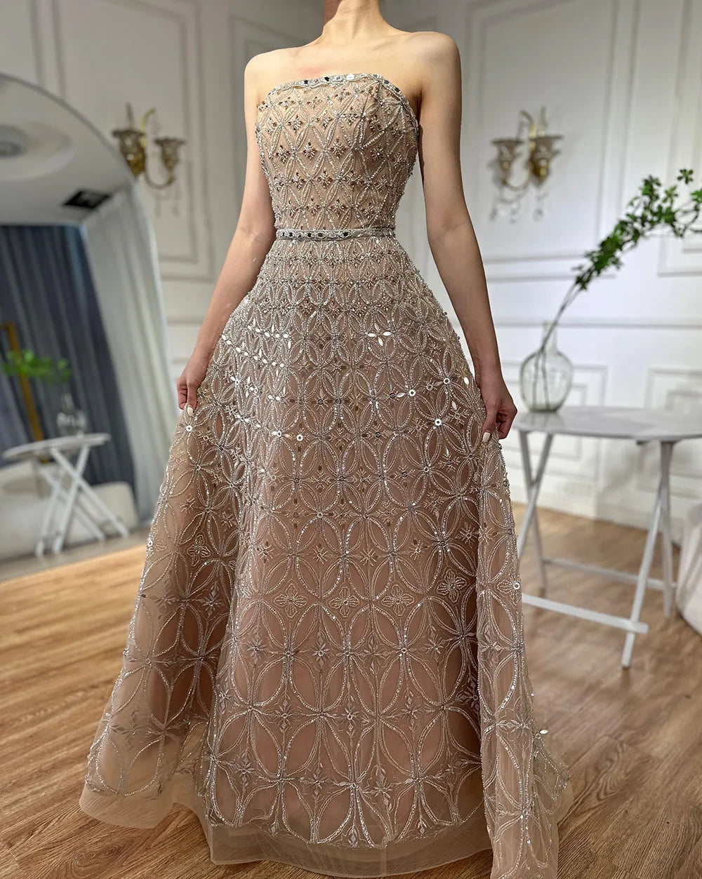 Luxury Dubai Arabic Gray A Line Elegant Beaded Long Evening Dresses Gowns for Formal Occasion LA72755 - SERENE HILL
