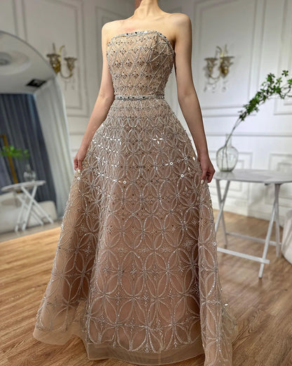 Luxury Dubai Arabic Gray A Line Elegant Beaded Long Evening Dresses Gowns for Formal Occasion LA72755 - SERENE HILL
