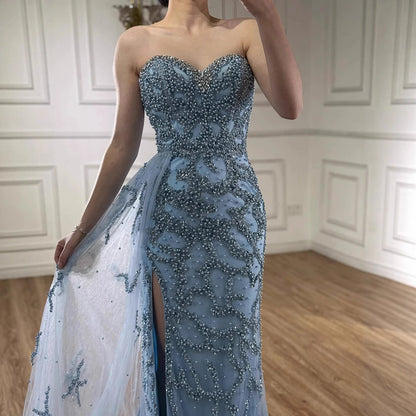 Luxury Saudi Arabic Blue Beaded Evening Dress with Slit LA72877 - SERENE HILL