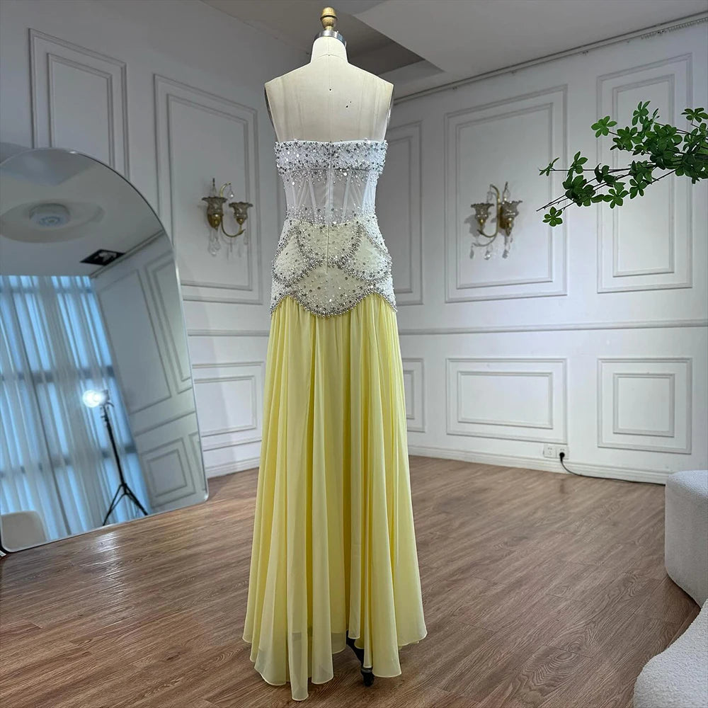 Luxury Yellow Pearls A-Line Evening Dress with Flowing Coat LA72978 - SERENE HILL
