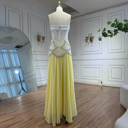 Luxury Yellow Pearls A-Line Evening Dress with Flowing Coat LA72978 - SERENE HILL