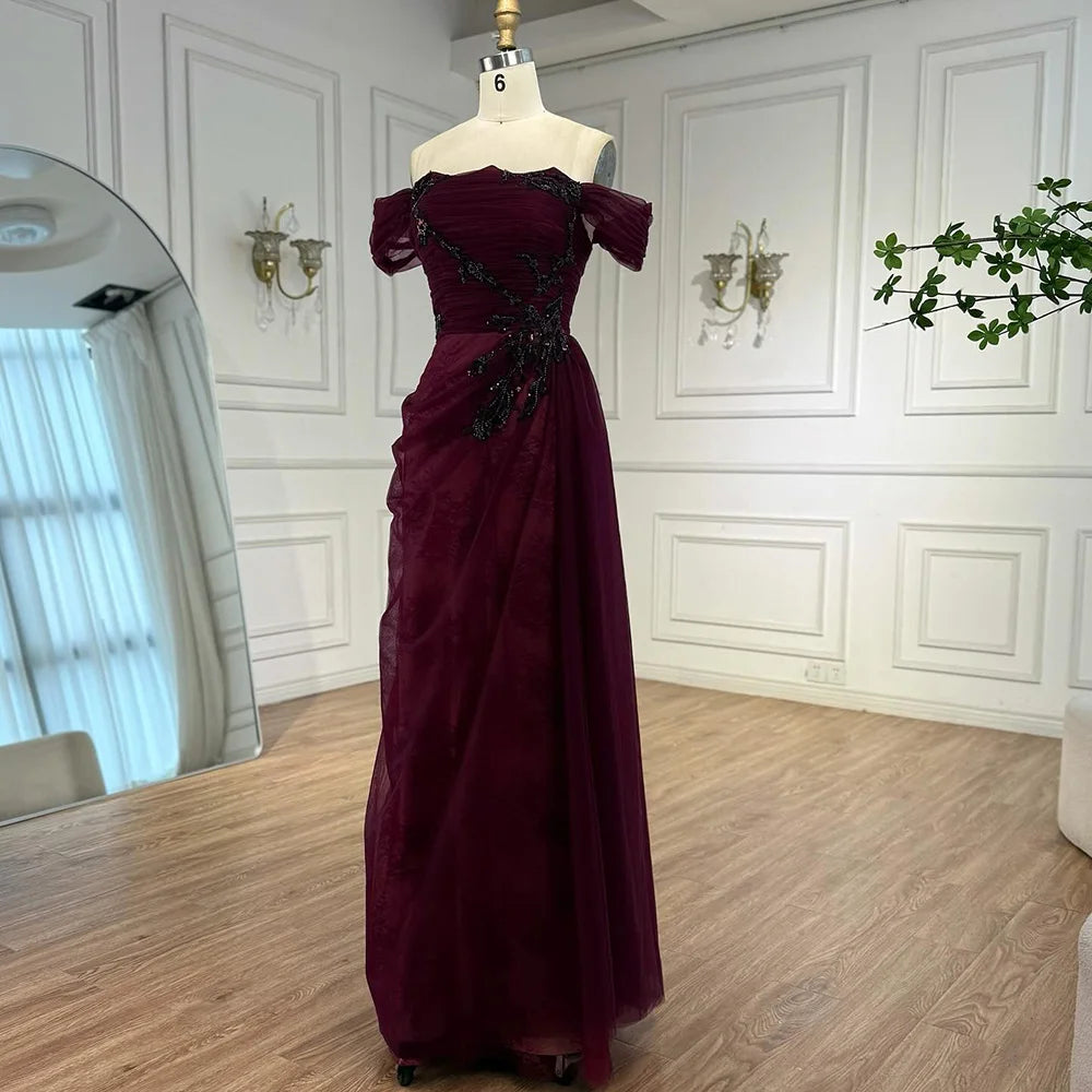Elegant Wine Red Off Shoulder Lace Evening Dress with Appliques LA73010 - SERENE HILL
