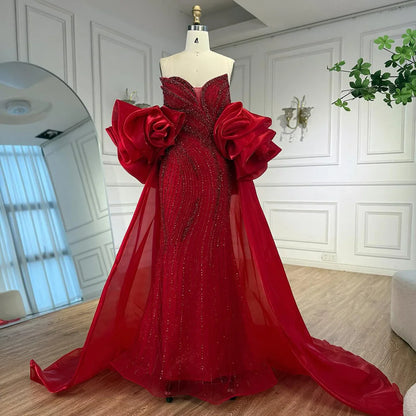 Luxury Designer Red Beaded Mermaid Evening Dress with Cape LA72896 - SERENE HILL