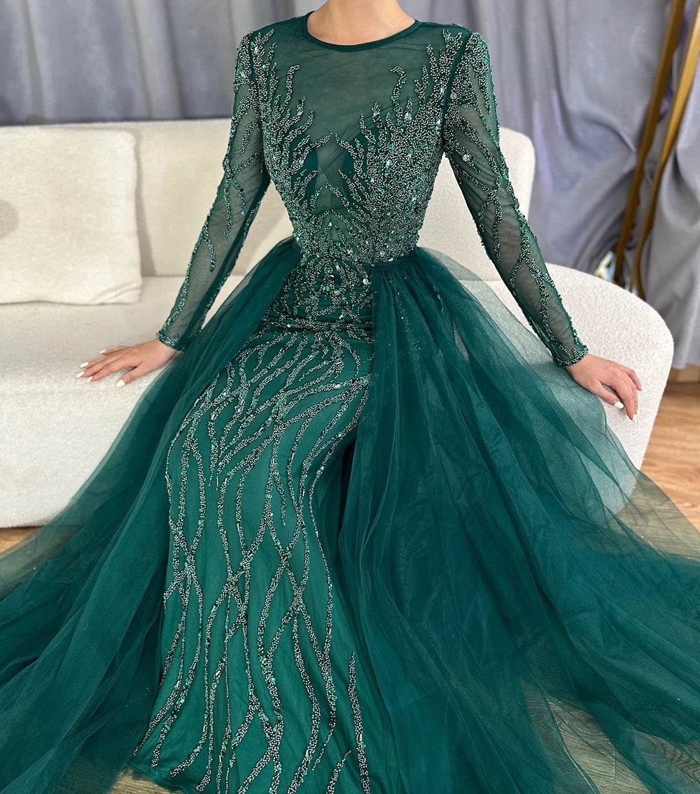 Serene Hill Muslim Green With Train Evening Dresses Gowns 2025 Mermaid Beading Elegant Luxury For Women Party LA71107 - SERENE HILL