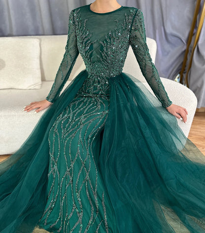 Serene Hill Muslim Green With Train Evening Dresses Gowns 2025 Mermaid Beading Elegant Luxury For Women Party LA71107 - SERENE HILL