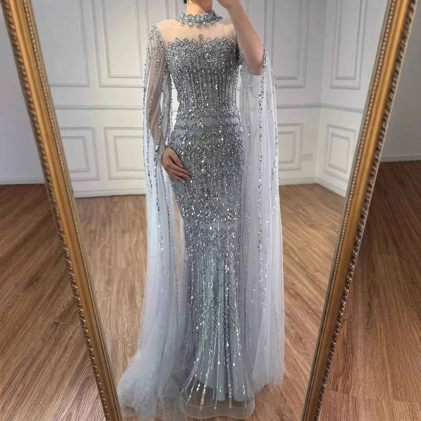 Luxury Nude Beaded Evening Dress with Long Cape Sleeves LA72714A - SERENE HILL
