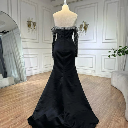 Elegant Yellow Mermaid Beaded Evening Gown with Detachable Sleeves LA72777 - SERENE HILL