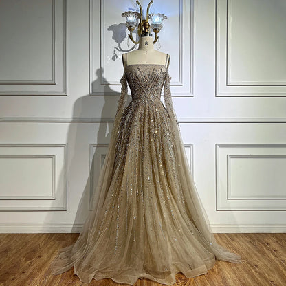 Luxury Caramel Evening Dress with Cape sleeves LA72957 - SERENE HILL