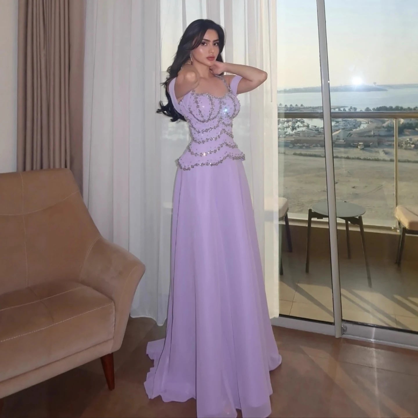 Luxury Arabic Lilac Chiffon Beaded A-Line Evening Dress LA73327 - SERENE HILL
