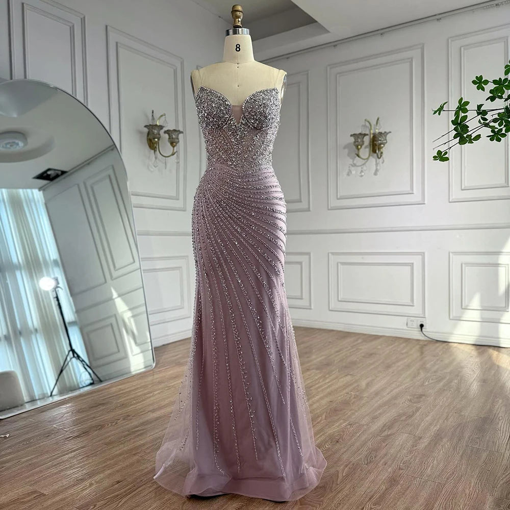 Luxury Pink Beaded Tassel Mermaid Evening Dress Long Gown LA73184 - SERENE HILL