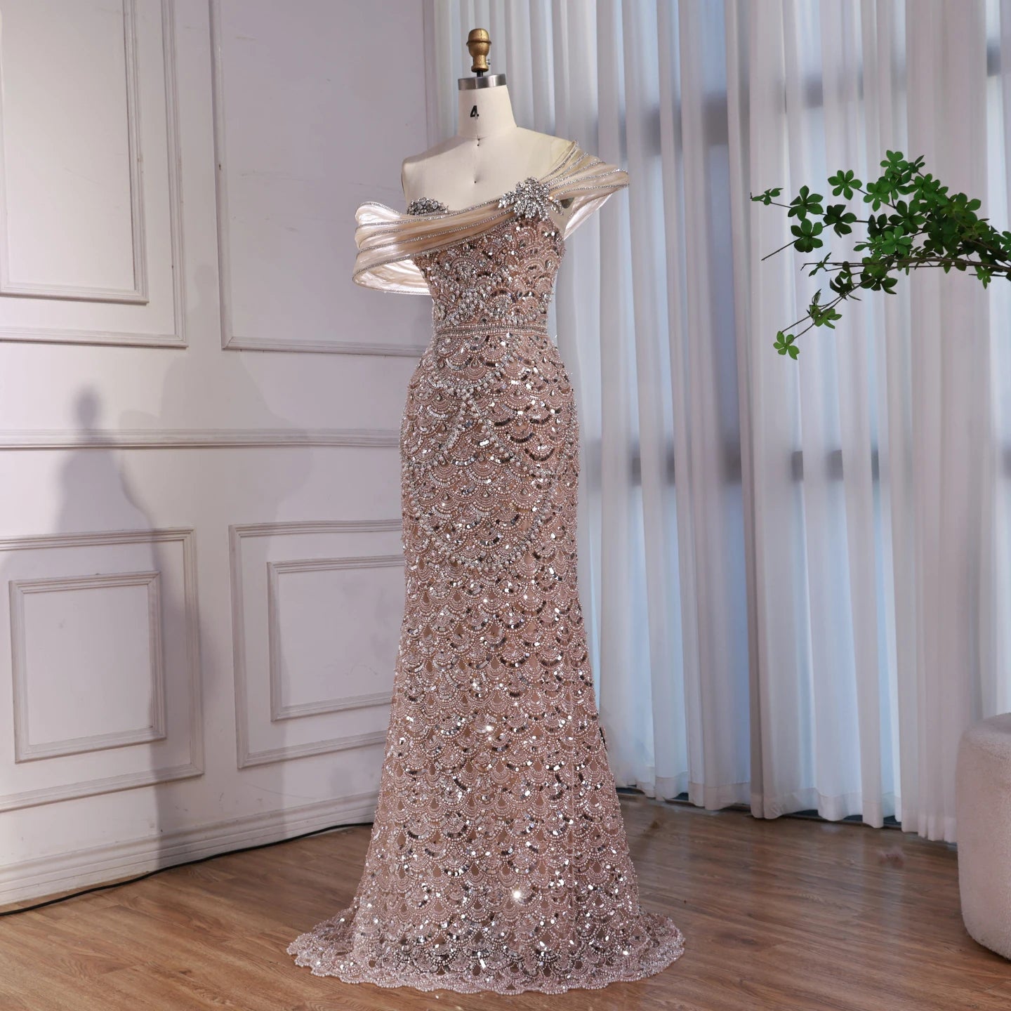 Luxury Nude Beaded Off Shoulder Mermaid Evening Dress LA73365A - SERENE HILL