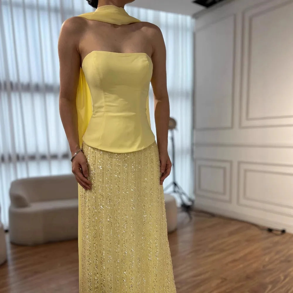 Luxury Yellow Chiffon Mermaid Evening Dress with Cape LA73007 - SERENE HILL