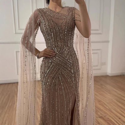 Luxury Nude Beaded Mermaid Evening Dress with Cape Sleeves LA71429B - SERENE HILL