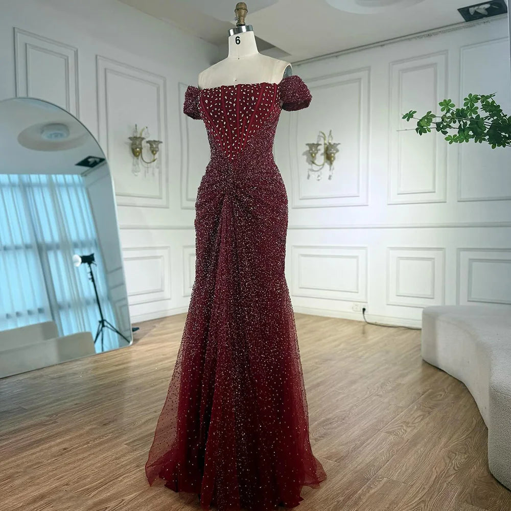 Luxury Designer Beaded Silver Nude Mermaid Evening Dress LA72905 - SERENE HILL