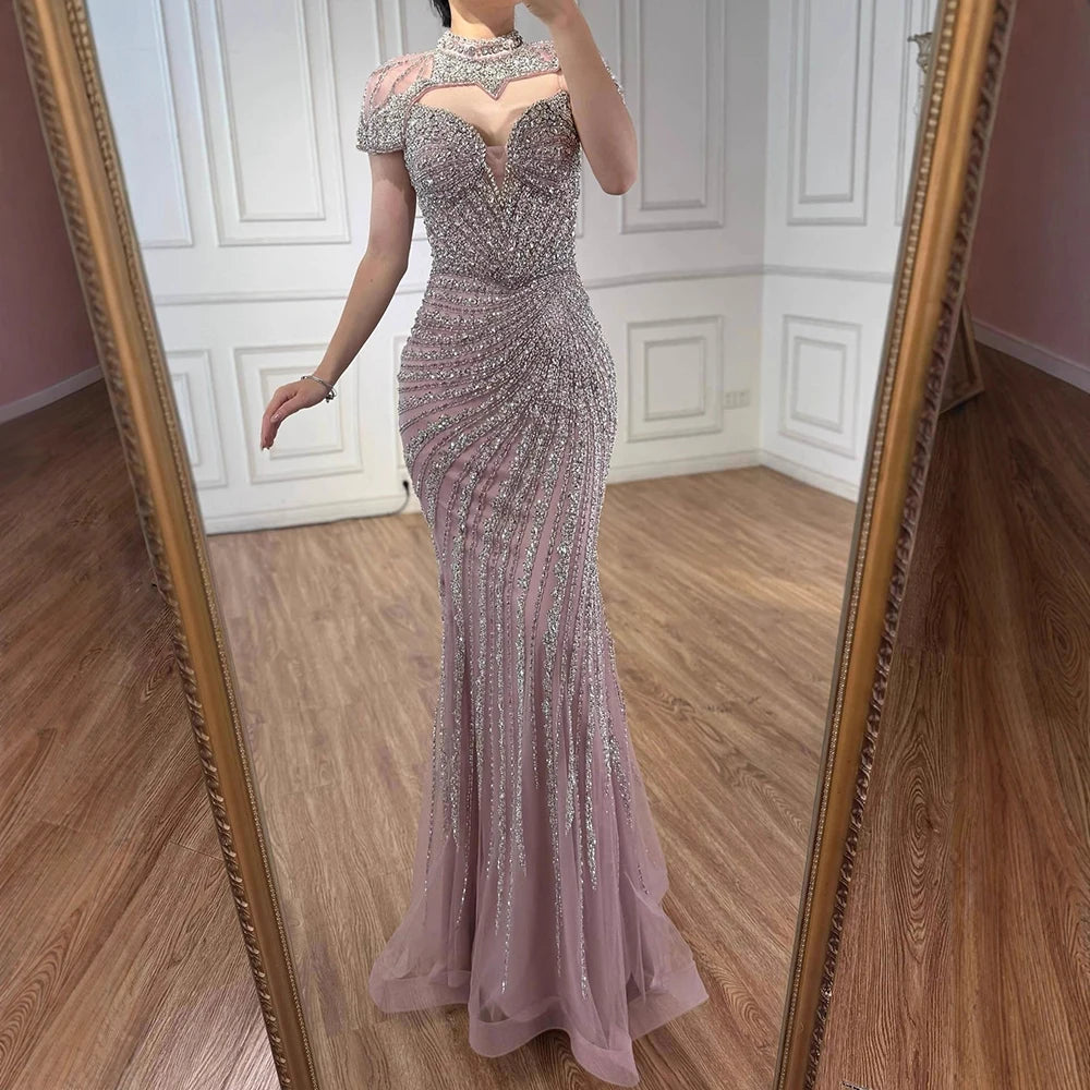Nude Mermaid Evening Dress with Detachable Beaded High Neck LA73087 - SERENE HILL