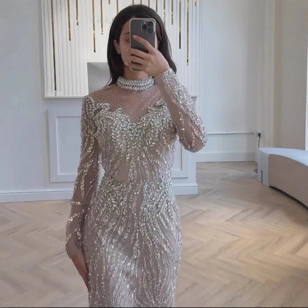 Luxury Silver Nude Beaded Mermaid Evening Dress LA73083