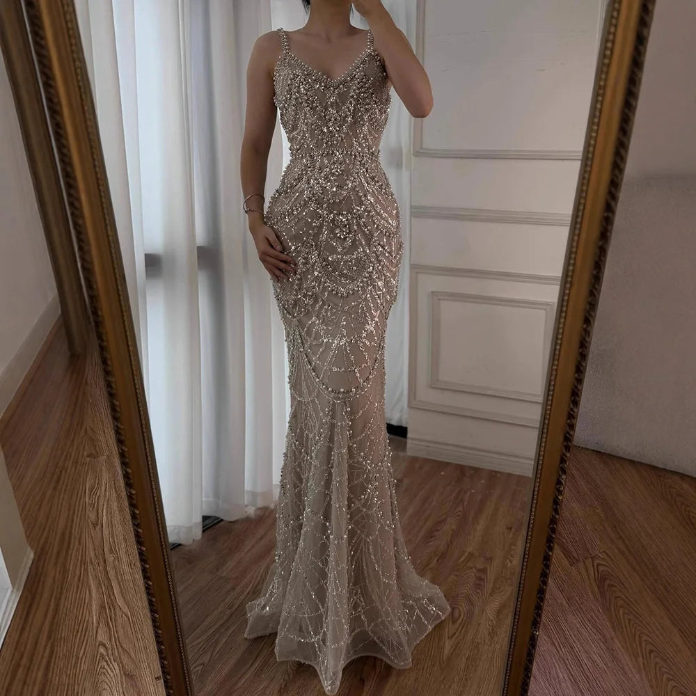 Luxury Nude Beaded Mermaid Evening Dress with Pearls LA72986A - SERENE HILL