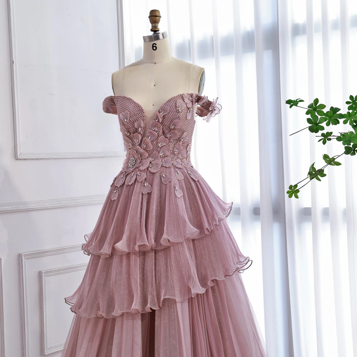 Luxury Pink Dreamy Ruffles Beaded A-Line Evening Dress LA73385 - SERENE HILL