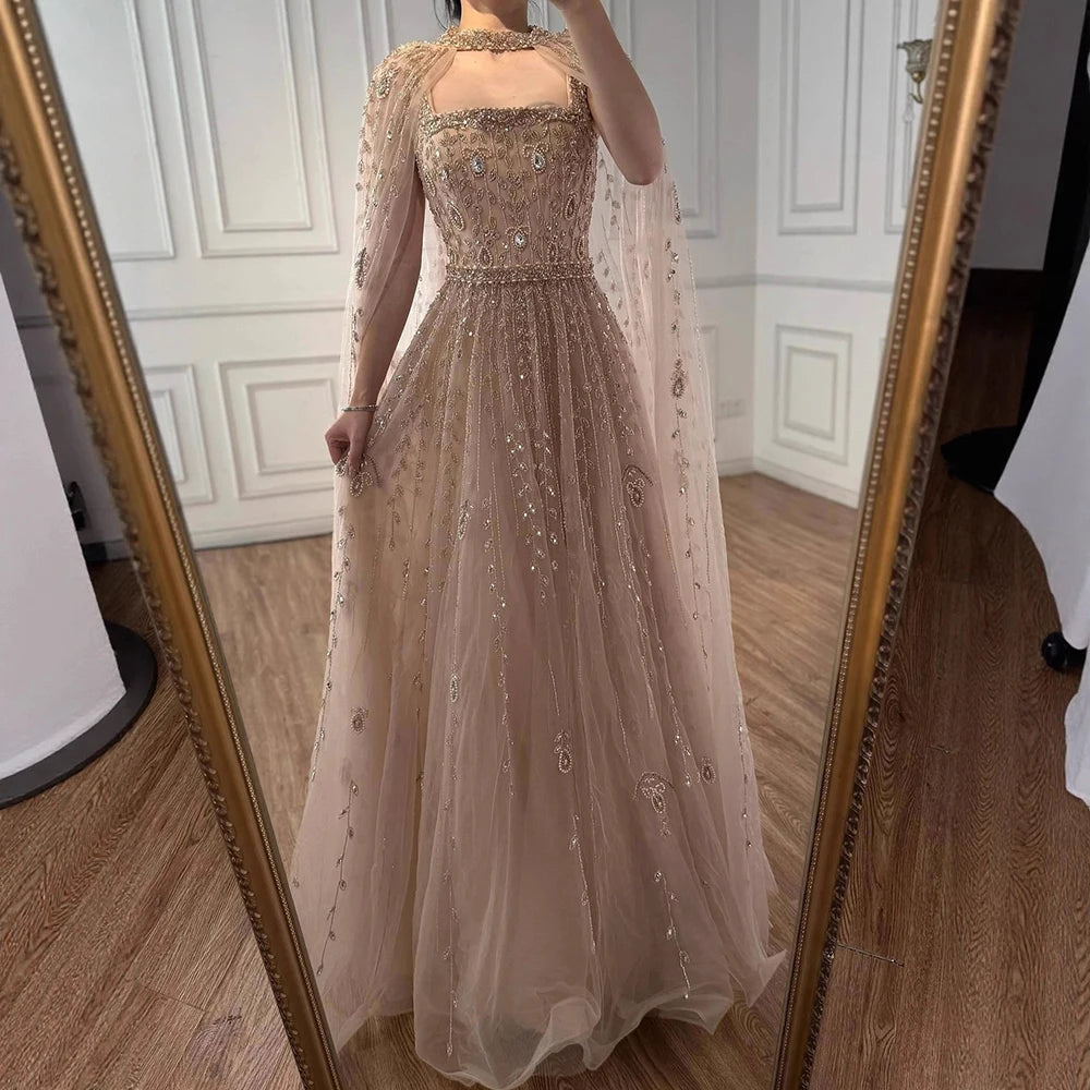 Luxury Arabic Nude Square Neck Beaded A-Line Evening Dress With Cape LA72835 - SERENE HILL
