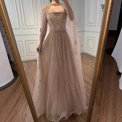 Luxury Arabic Nude Square Neck Beaded A-Line Evening Dress With Cape LA72835 - SERENE HILL