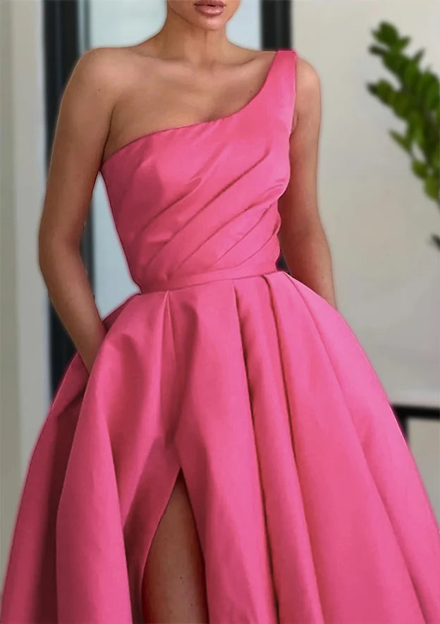 Serene Hill Arabic Pink A-Line One-Shoulder Floor-Length Satin Prom Dress with Split, Ruffles, and Pockets for Women&