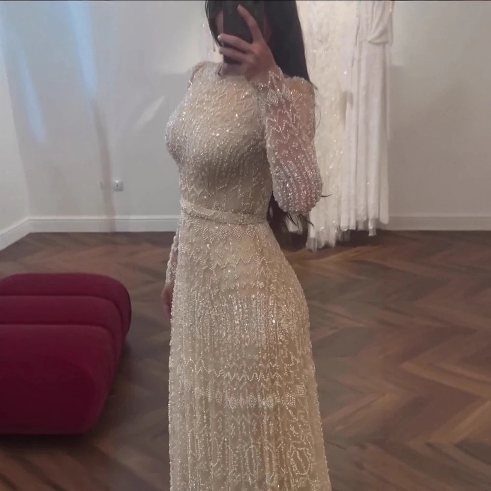Luxury Nude A-Line Pearls Beaded Evening Dress LA73174 - SERENE HILL