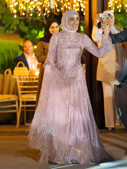 Luxury Pink Arabic Modest Muslim A-Line Crystal Beaded Evening Dress LA73363 - SERENE HILL