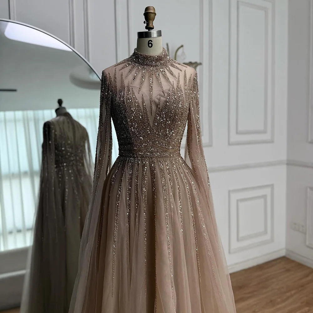 Luxury Arabic Turquoise A-Line Beaded Evening Dress with Cape LA72199 - SERENE HILL