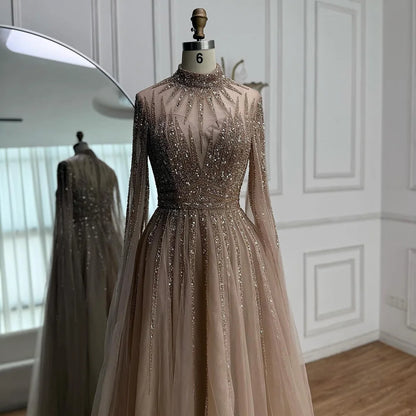 Luxury Arabic Turquoise A-Line Beaded Evening Dress with Cape LA72199 - SERENE HILL