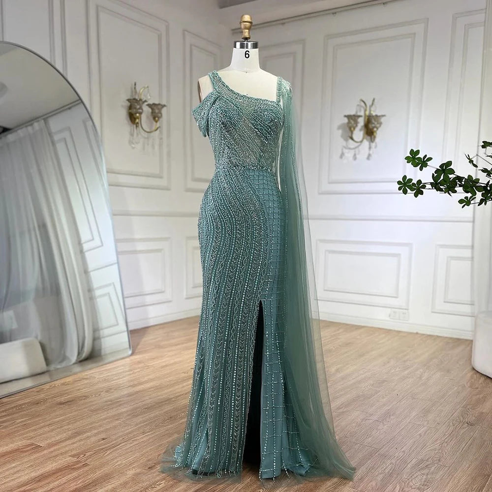 Serene Hill Arabic Dubai Black Long Cloak Mermaid Beaded Luxury Evening Dresses Gowns for Women Wedding Party 2025 LA72296 - SERENE HILL