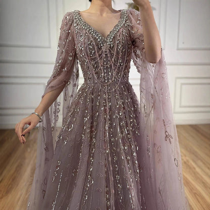 Luxury Nude Beaded Evening Dress with Cape Sleeves for Formal Occasion LA72764A - SERENE HILL