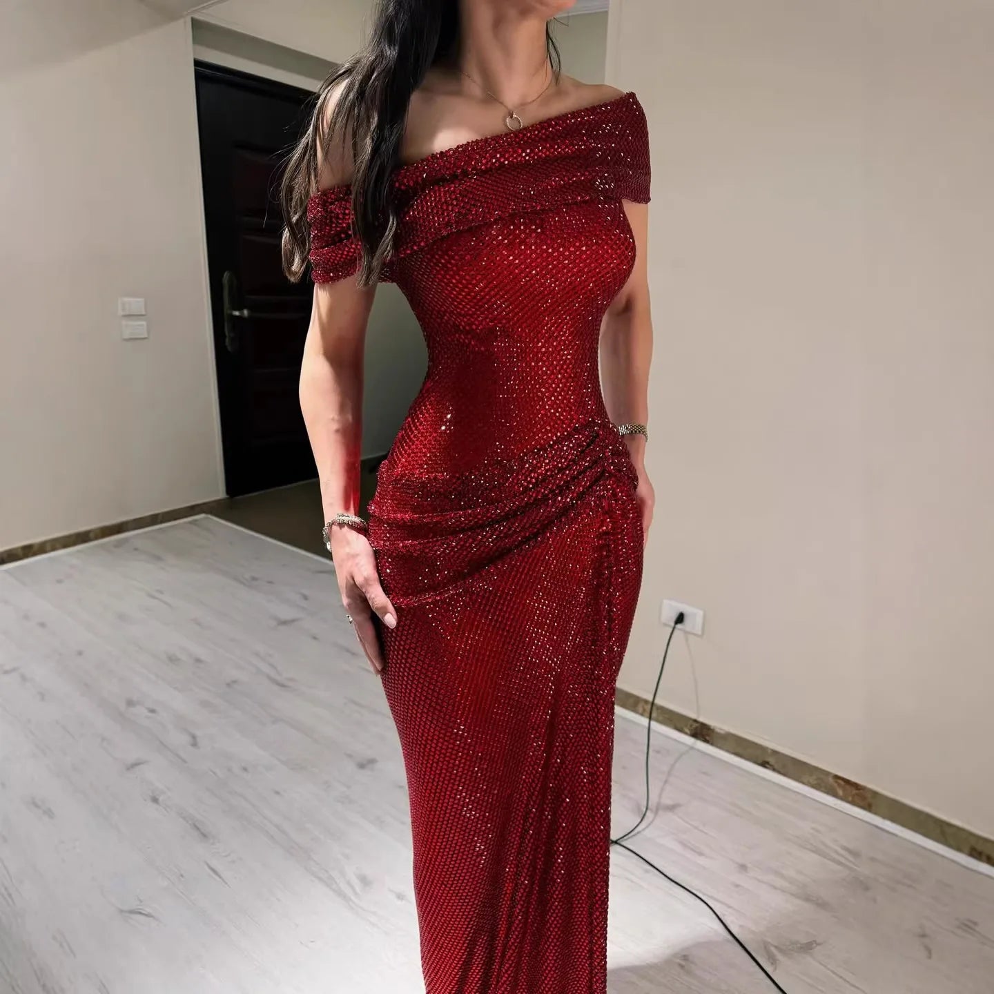 Red Beaded Mermaid Gown | Serene Hill Dubai LA73437 - SERENE HILL