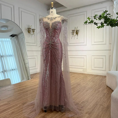 Luxury Pink Beaded Mermaid Evening Dress with Cape LA73106 - SERENE HILL