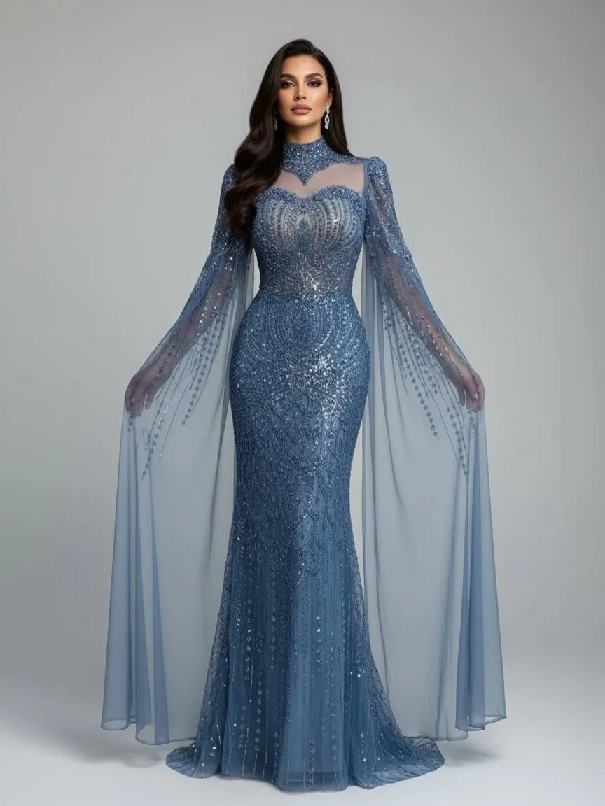 Luxury Modest Blue Mermaid Evening Dress with Cape LA73006 - SERENE HILL