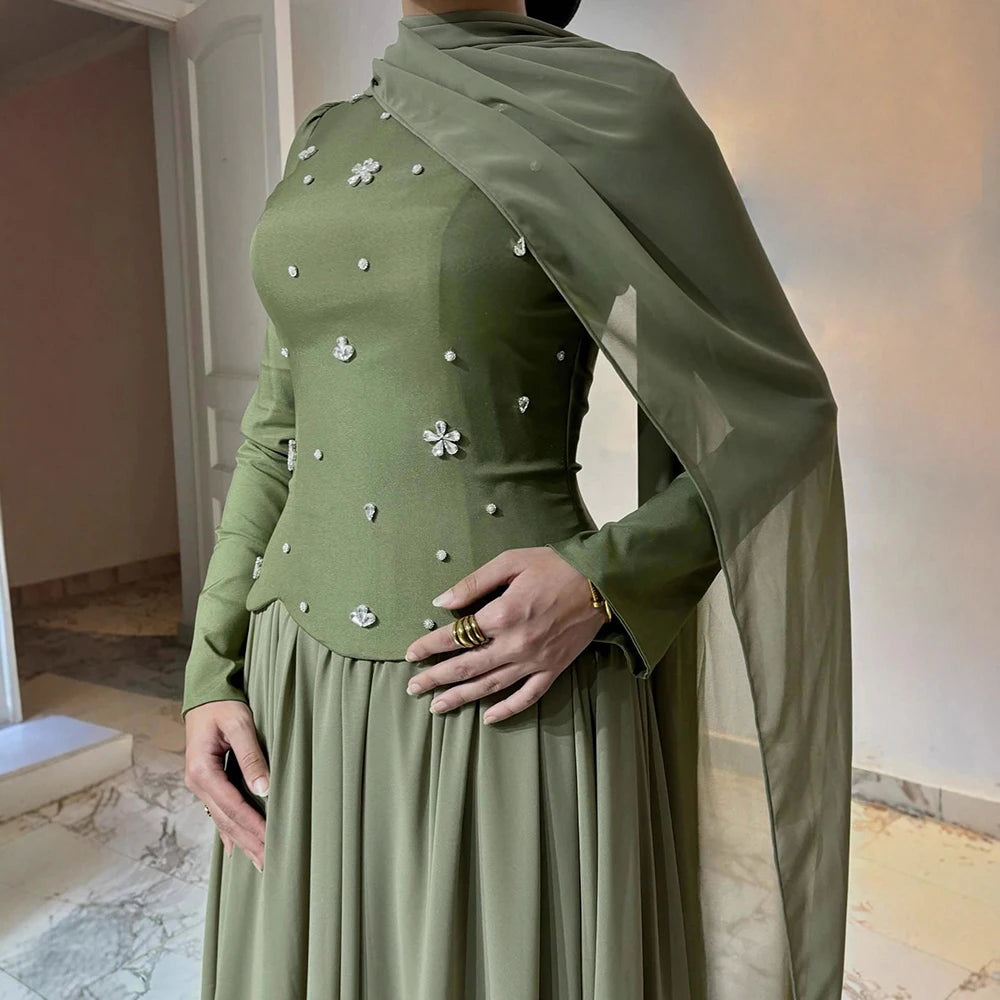 Luxury Olive Green Beaded Evening Dress with Cape LA73217 - SERENE HILL