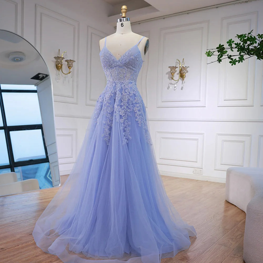 blue pink prom dress Luxury Pink Tulle A Line Prom Dress with Appliques LA73009 Pink / 8