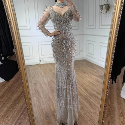 Luxury Caramel Beaded Crystal Mermaid Evening Dress Long Sleeves LA73042B - SERENE HILL