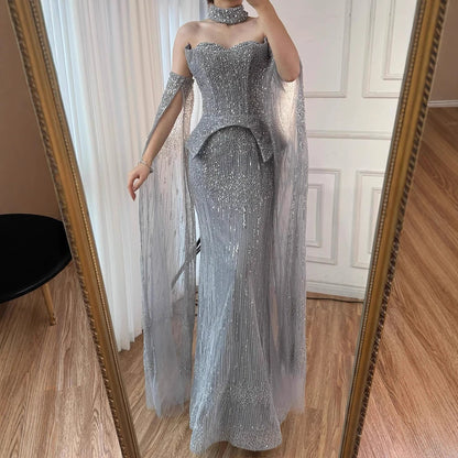 Luxury Gray Beaded Off-Shoulder Evening Dress with Cape Sleeves LA73076 - SERENE HILL