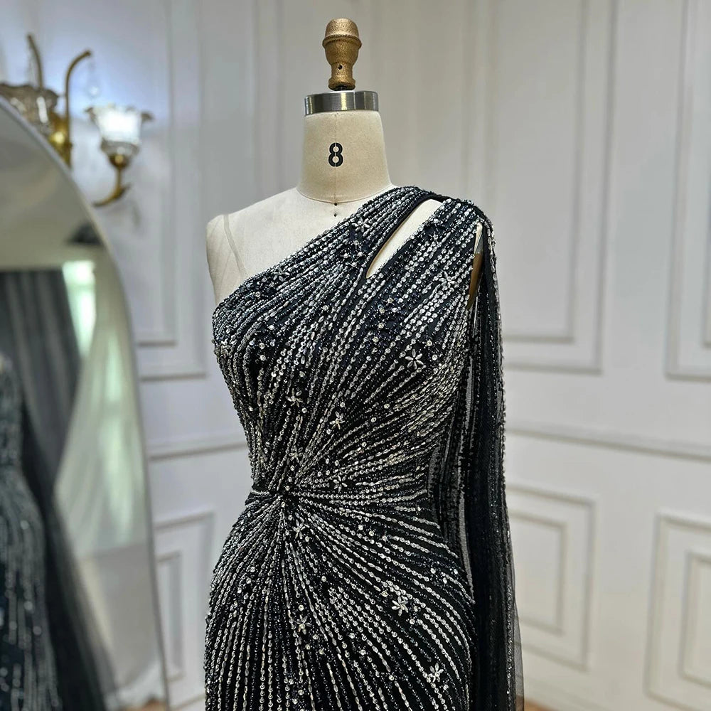 Luxury Black One Shoulder Mermaid Evening Dress with High Slit LA72829 - SERENE HILL