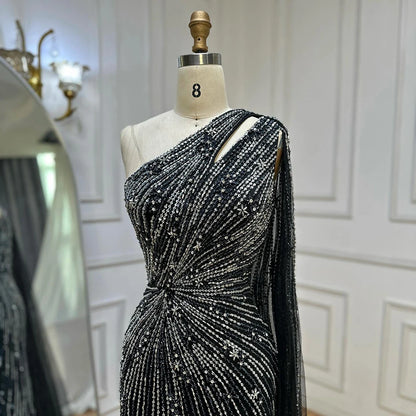 Luxury Black One Shoulder Mermaid Evening Dress with High Slit LA72829 - SERENE HILL