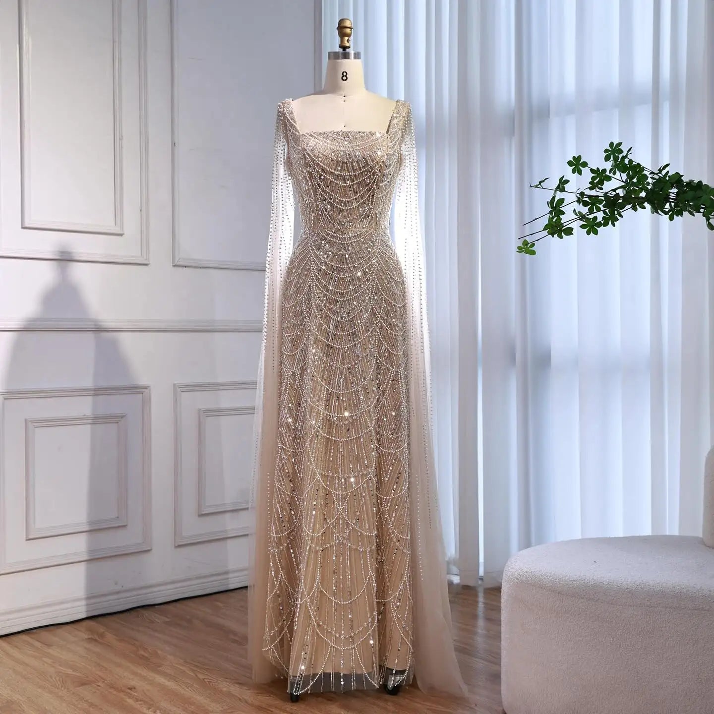 Luxury Dubai Nude Modest Muslin A-Line Evening Dress Plus Size LA72590B Blue / 4