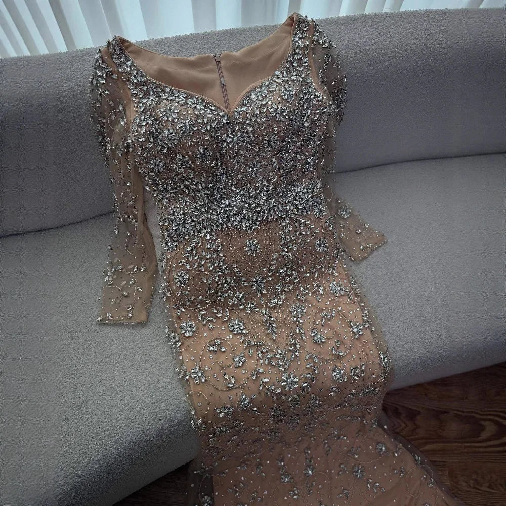 Luxury Nude Beaded Crystal Evening Dress with Long Sleeves LA73042 - SERENE HILL
