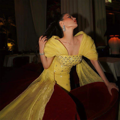 Luxury Dubai Elegant Yellow Saudi Arabic Ankle Length Evening Gown Beaded Dress for Formal Occasion LA72756 - SERENE HILL