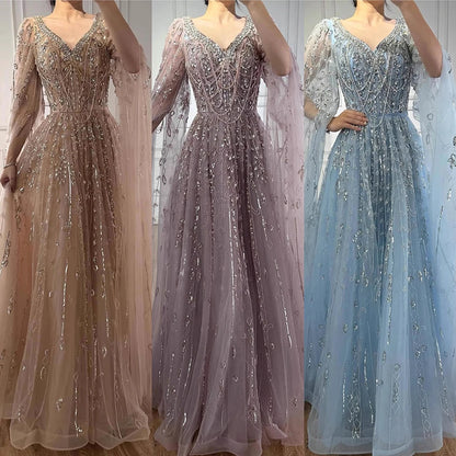 Luxury Nude Beaded Evening Dress with Cape Sleeves for Formal Occasion LA72764A - SERENE HILL