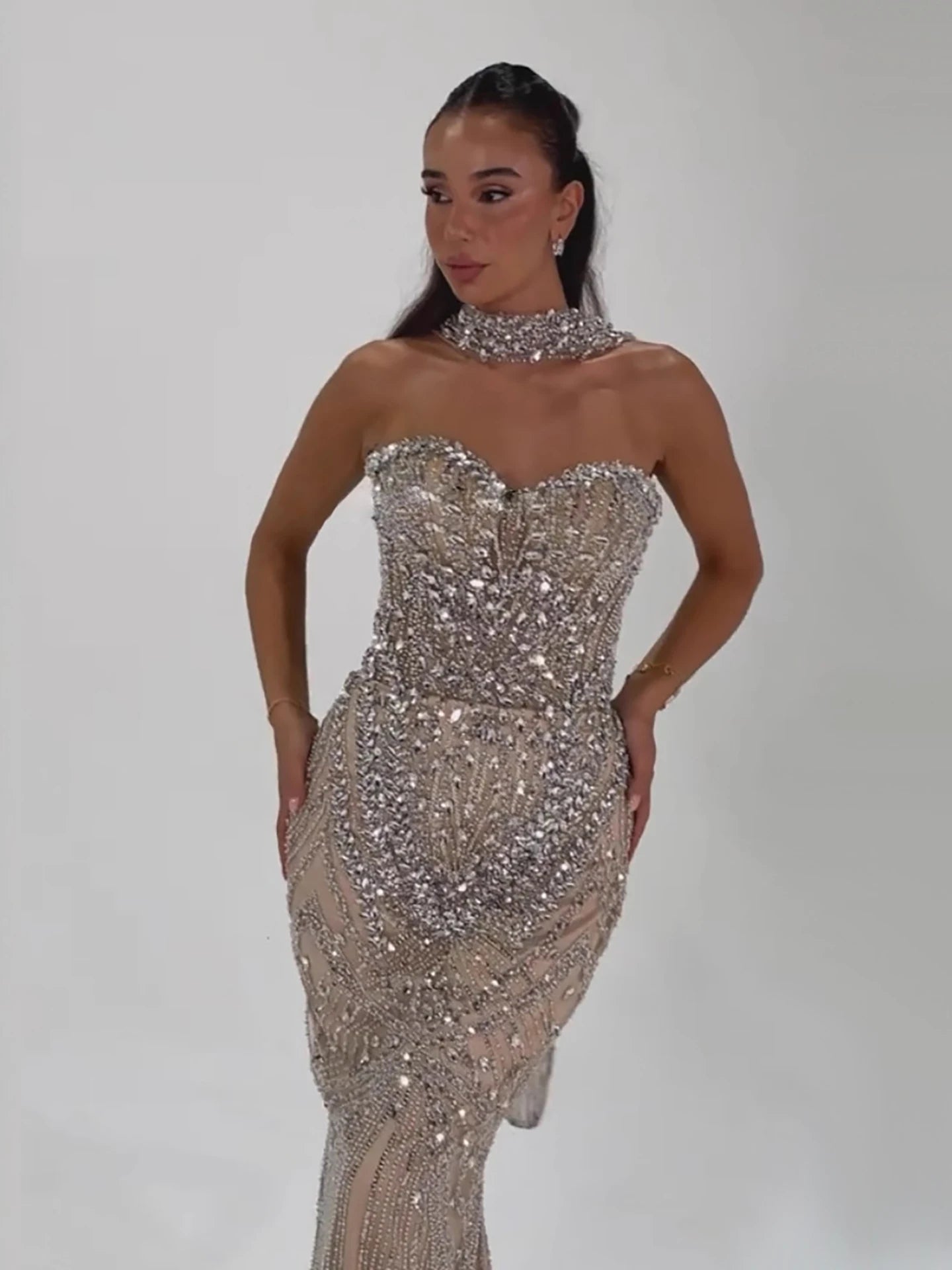 Luxury Nude Crystal Beaded Mermaid Evening Dress LA73375 - SERENE HILL