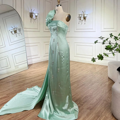 Serene Hill Arabic Sage Green One Shoulder with Cape Luxury Crystal Dubai Evening Dress Gowns for Women&
